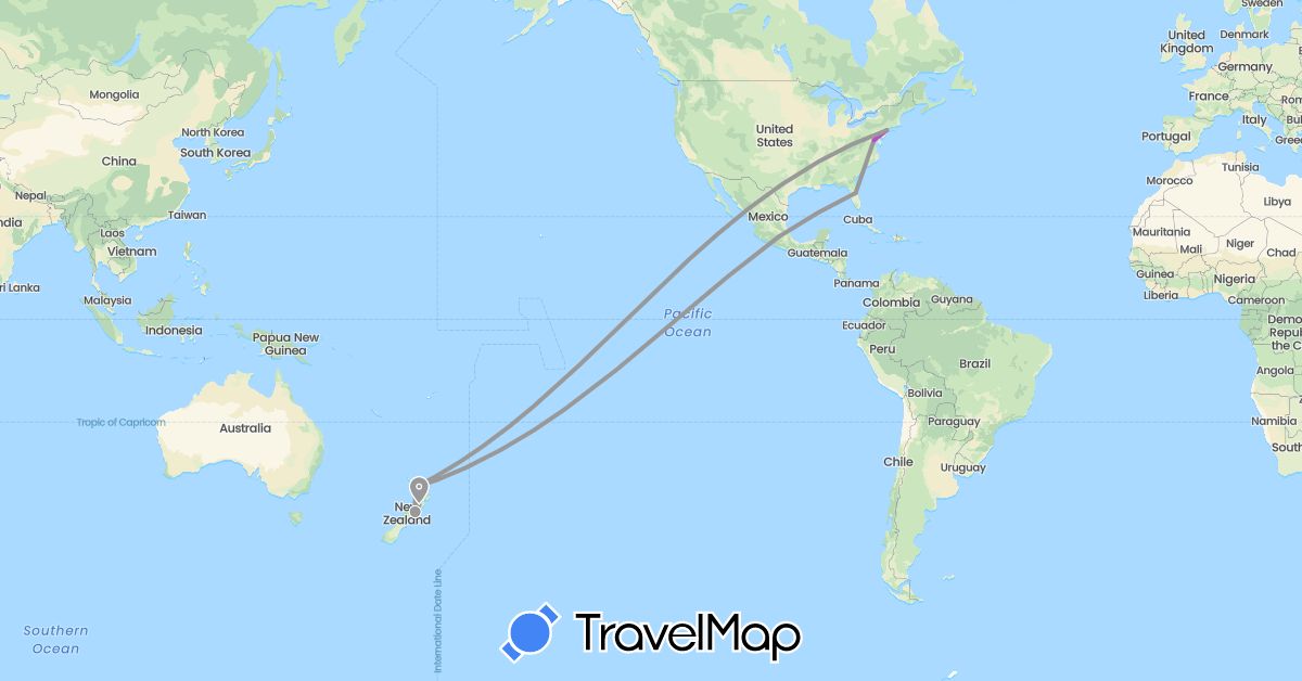 TravelMap itinerary: driving, plane, train in New Zealand, United States (North America, Oceania)